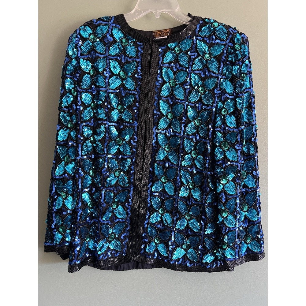 Vintage Eve's Allure Blue and Black Beaded Sequin Silk Top Blouse Shirt
